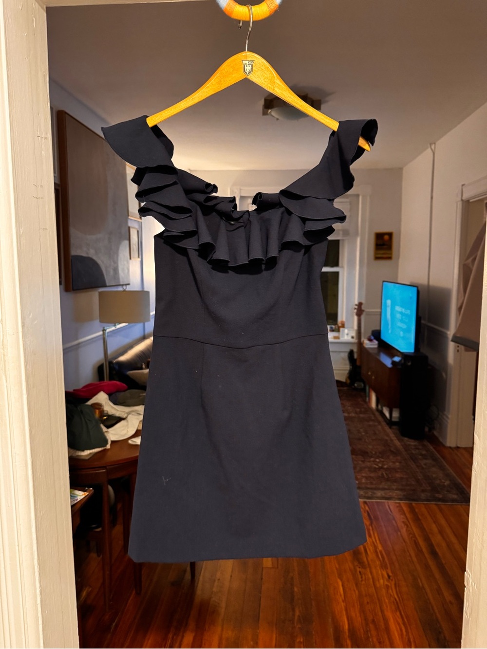 French Connection Black Ruffle Off-Shoulder Mini Dress